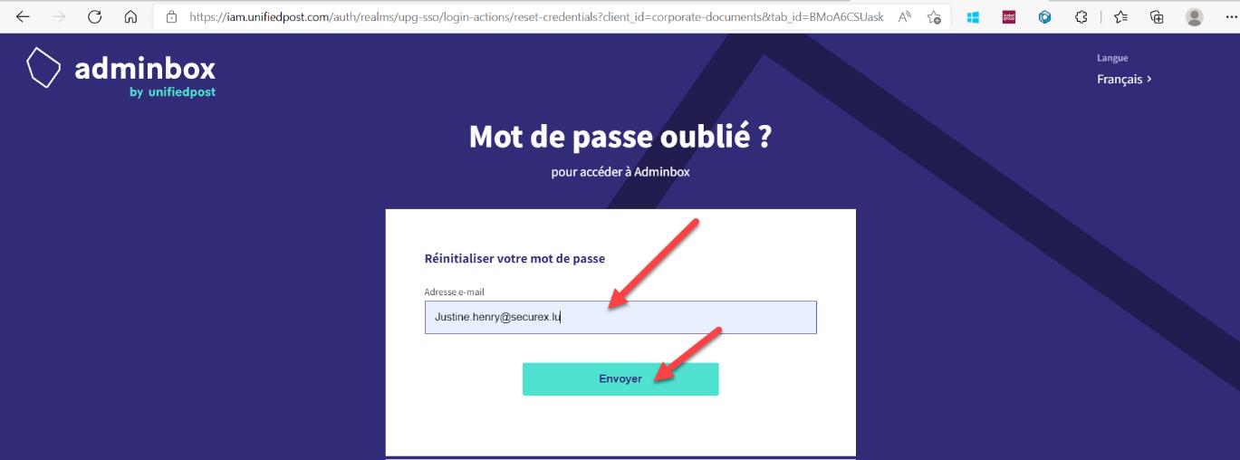 AdminBox une solution digitale dédiée à la gestion des données RH et de paie de votre entreprise - Comment réinitialiser mot de passe sur AdminBox, entrer adresse mail