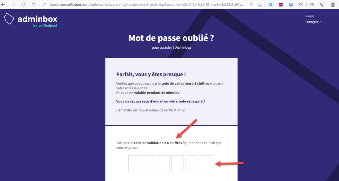 AdminBox une solution digitale dédiée à la gestion des données RH et de paie de votre entreprise - Comment réinitialiser mot de passe sur AdminBox, saisir un code