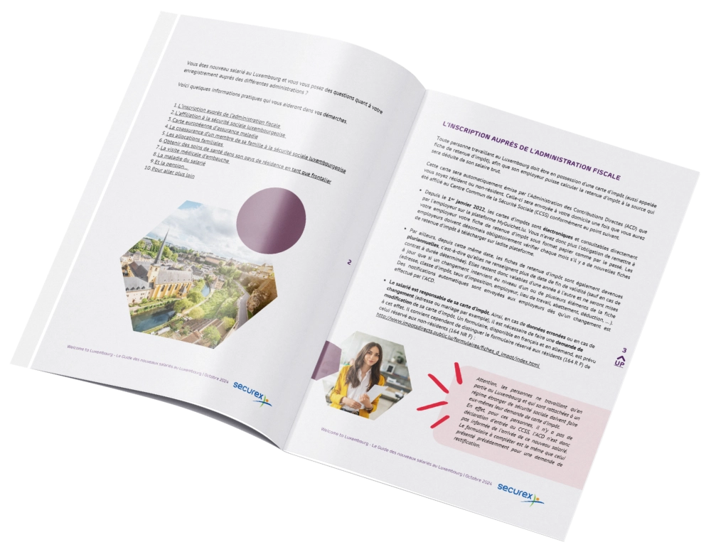 Vue des pages intérieurs du guide pour les nouveaux salariés frontaliers au Luxembourg